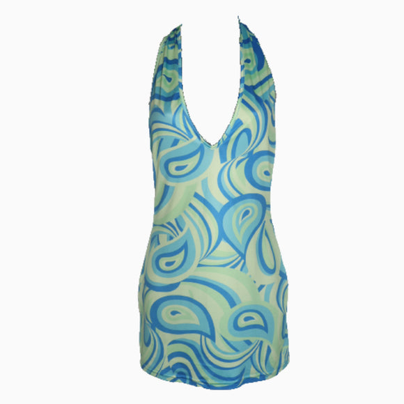 Multicolored Halter Bodycon Dress Deep V Neck Backless Available in sizes Small, Medium, and Large Materials: 83% Polyester / 17% Spandex  CARE INSTRUCTIONS: Machine Washable (Recommended Hand Wash)  Wash Cold / No Bleach / Hang Dry